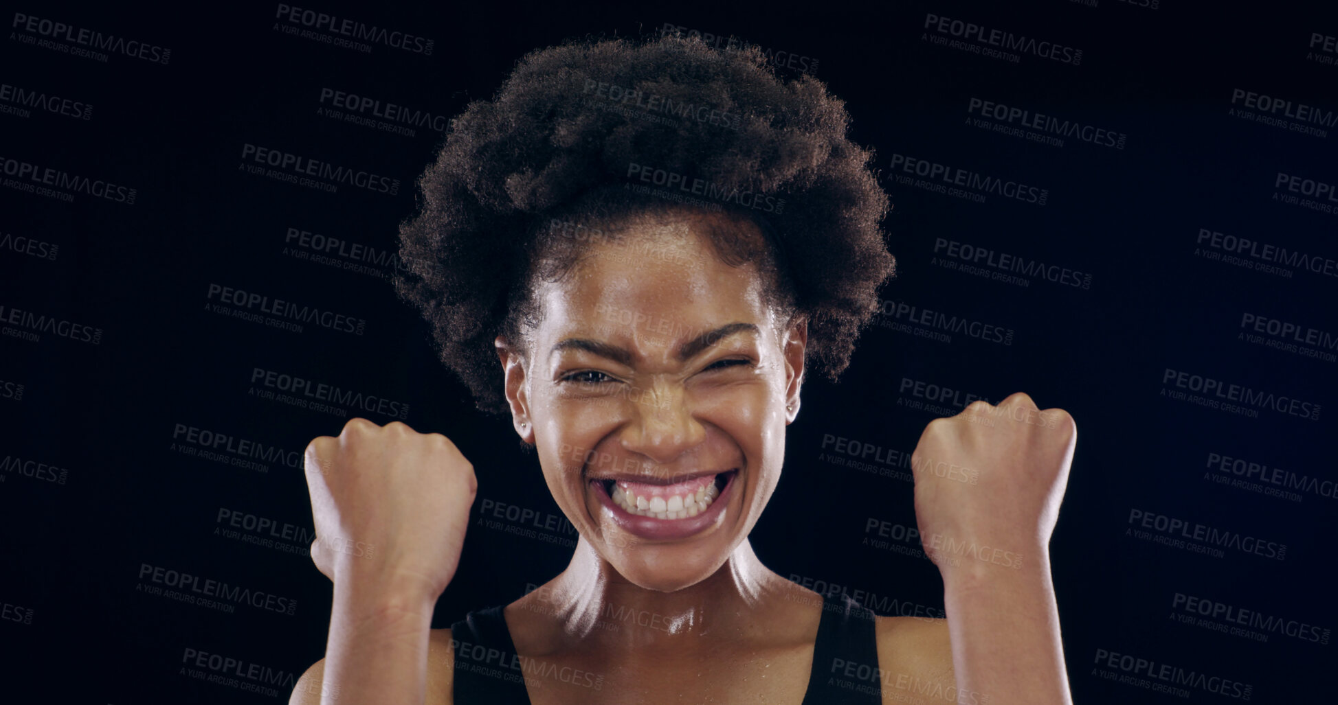 Buy stock photo Portrait, fitness and excited black woman celebrate competition win, victory and success. Face, yes and female champion fist pump for sport achievement, health milestone or goal on studio background