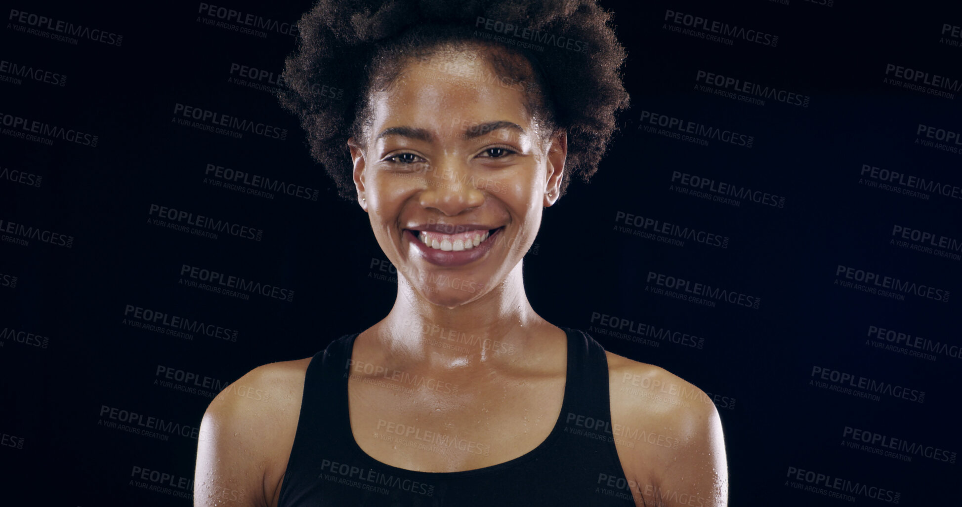 Buy stock photo Happy, fitness and portrait of black woman in studio for intense training, exercise and cardio workout. Sports, sweating and face of person for wellness, health and performance on dark background