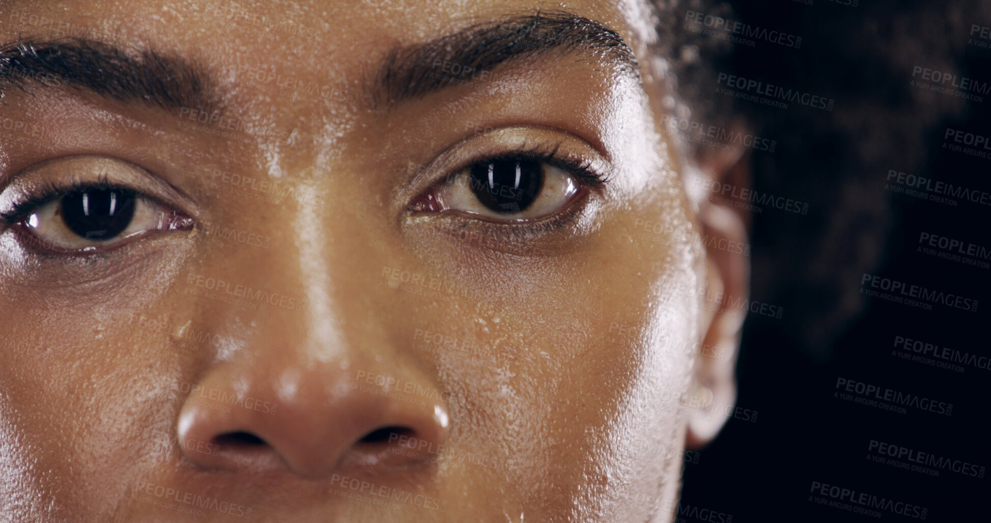 Buy stock photo Eyes, fitness and sweat with portrait of woman on black background for intense training or workout. Determination, exercise and health with serious athlete in studio for break, recovery or rest