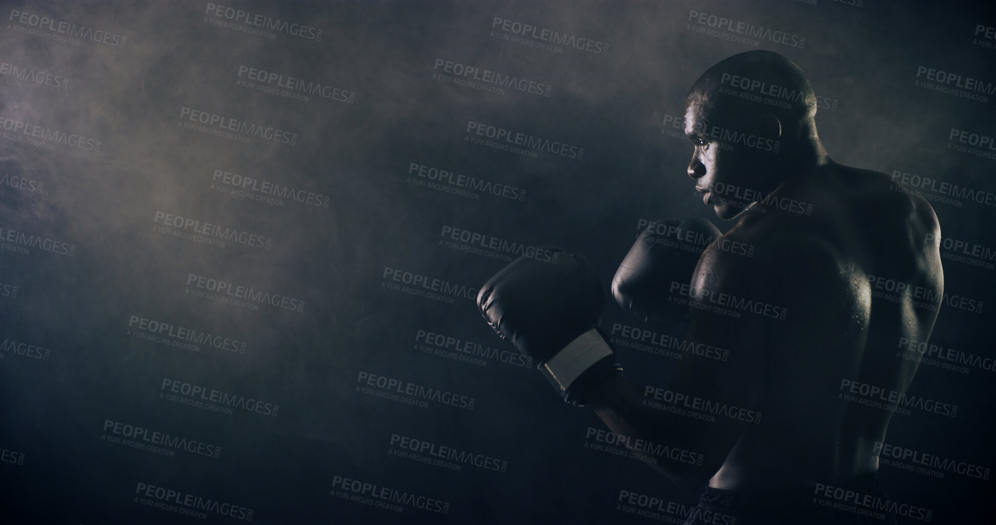 Buy stock photo Mockup space, boxing and black man on dark background for cardio workout, exercise and bodybuilder training. Fitness, wellness and isolated boxer for performance, strength and muscles in studio
