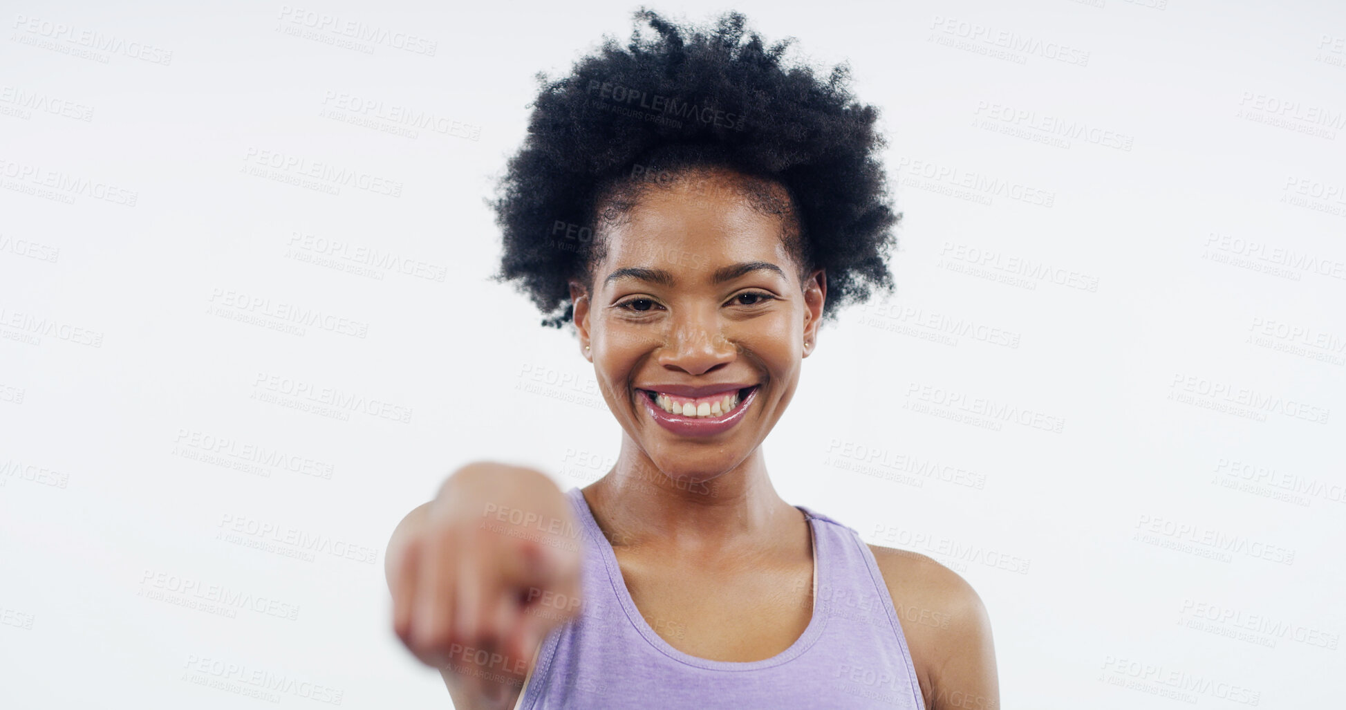 Buy stock photo Pointing, portrait and smile with woman coach on studio white background for decision or vote. Exercise, fitness and training with personal trainer at gym choosing you for membership or recruitment