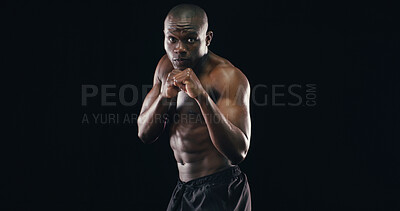 Buy stock photo Black man, boxer fighter and studio for workout, fitness and battle courage on background. Male person, performance training and strong power with martial arts, portrait and athlete on mockup space