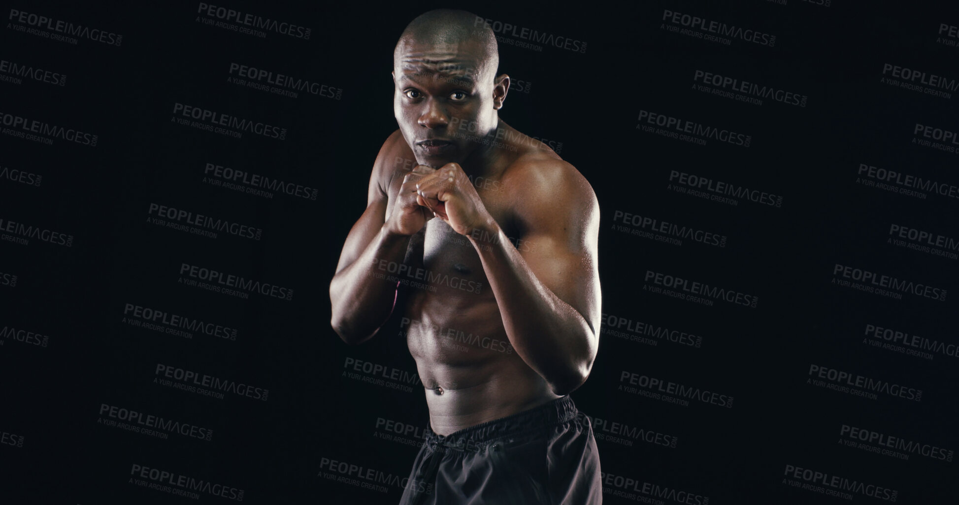 Buy stock photo Black man, boxer fighter and studio for workout, fitness and battle courage on background. Male person, performance training and strong power with martial arts, portrait and athlete on mockup space