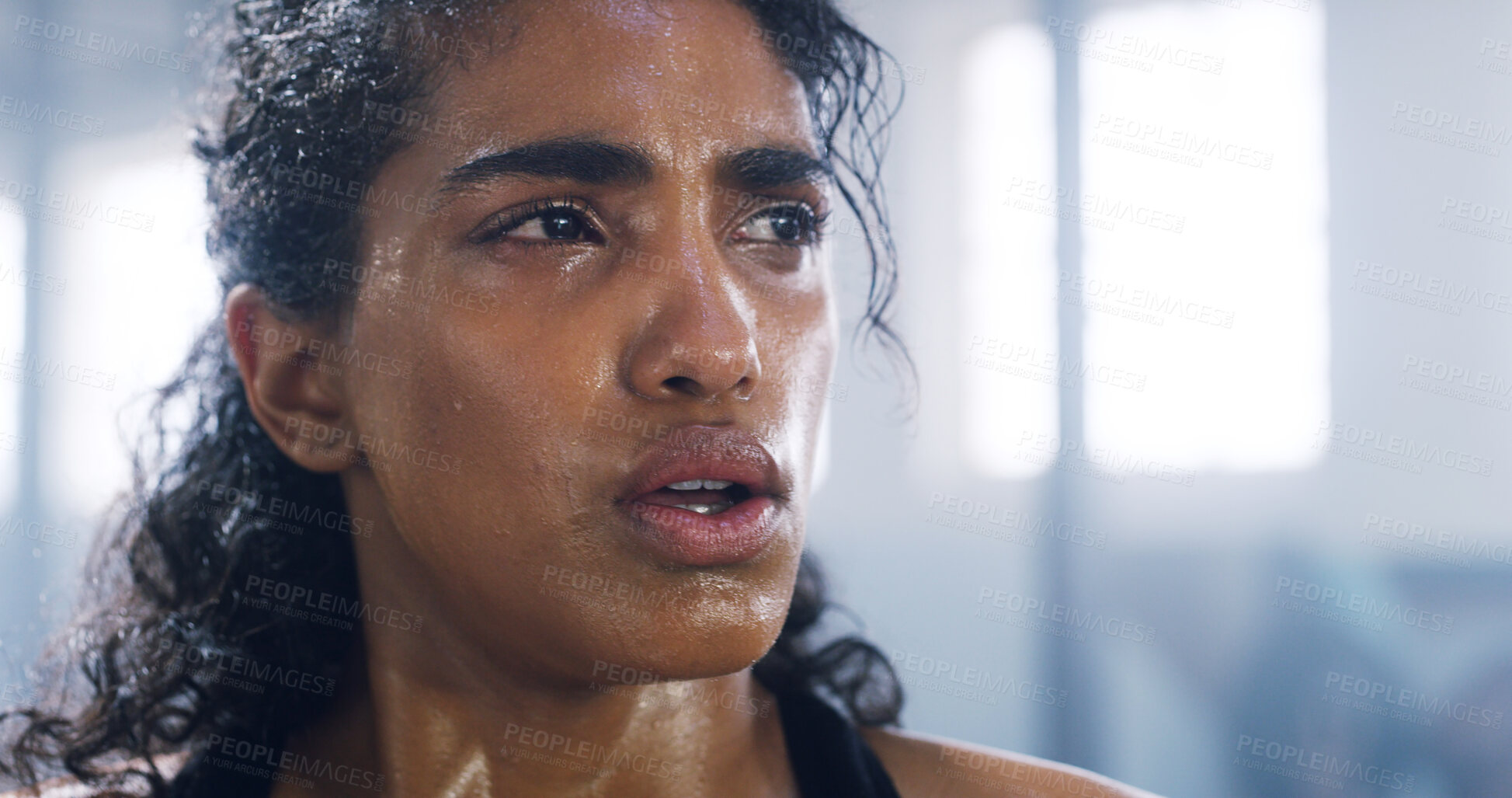 Buy stock photo Fitness, breathing and tired woman sweating in gym on break for intense workout, fatigue or exercise recovery. Rest, face and athlete relax in sports club for wellness, health or thinking of training