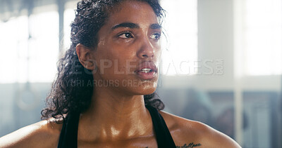 Buy stock photo Fitness, breathing and tired woman rest in gym on break for intense workout, fatigue or exercise recovery. Sweating, face and athlete relax in sports club for wellness, health or thinking of training