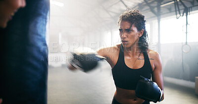 Buy stock photo Sports, kickboxing and woman in gym for training, challenge or competition with strength. Fitness, motion blur and female person with coach for cardio workout or exercise in health club for activity.