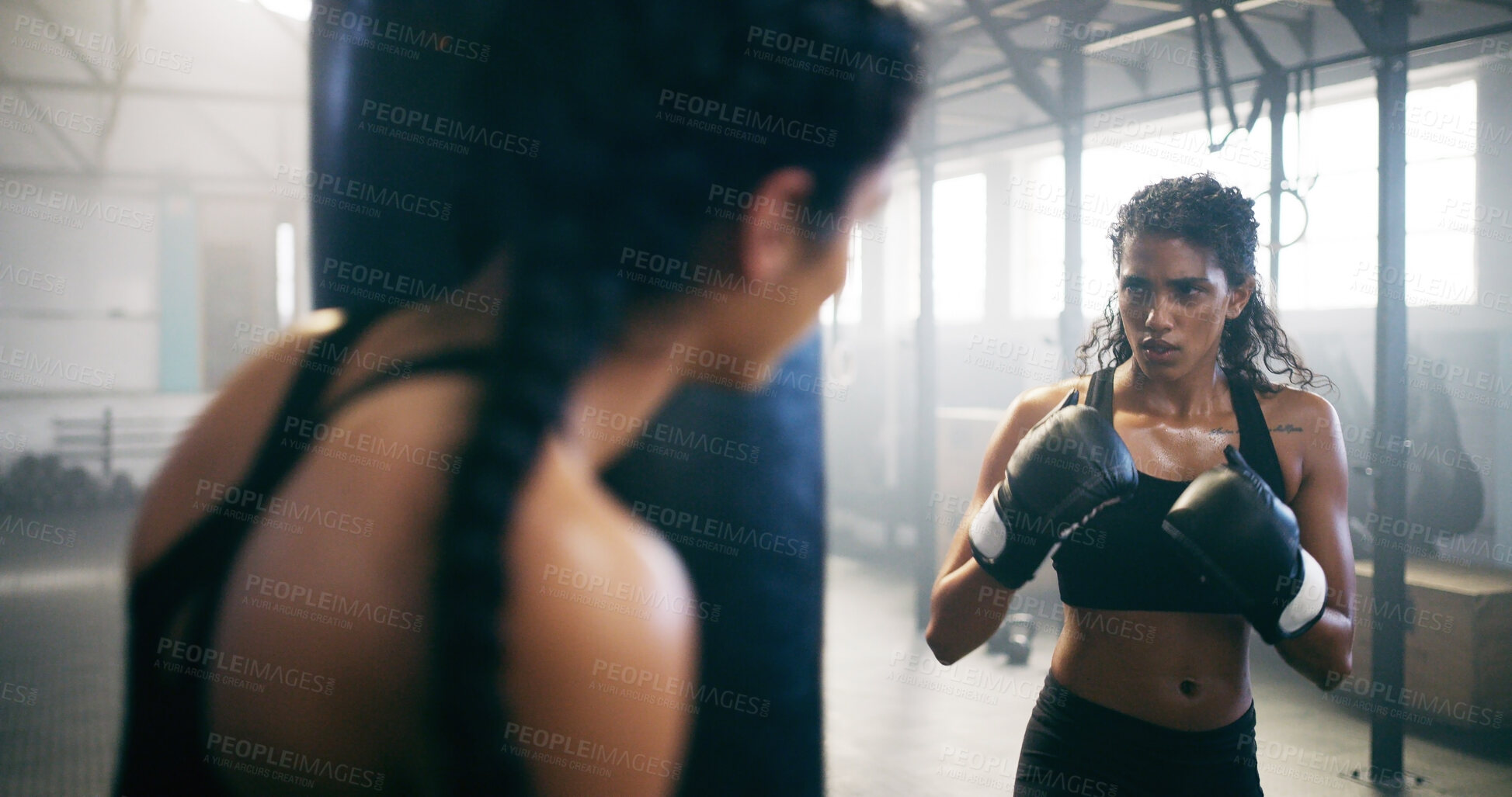 Buy stock photo Fitness, kickboxing and woman in gym for training, challenge or competition with strength. Sports, practice and female person with coach for cardio workout or exercise in health club for activity.