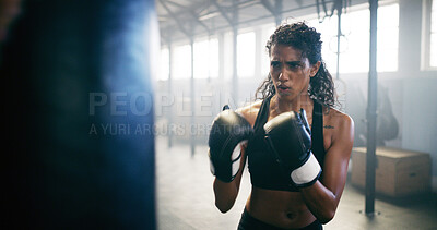 Buy stock photo Sports, kickboxing and woman in gym for training with challenge, workout or competition. Fitness, strength and female athlete with cardio exercise, activity or hobby in health club with skill.