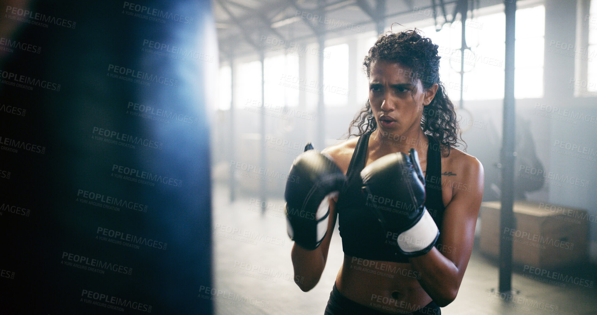 Buy stock photo Sports, kickboxing and woman in gym for training with challenge, workout or competition. Fitness, strength and female athlete with cardio exercise, activity or hobby in health club with skill.