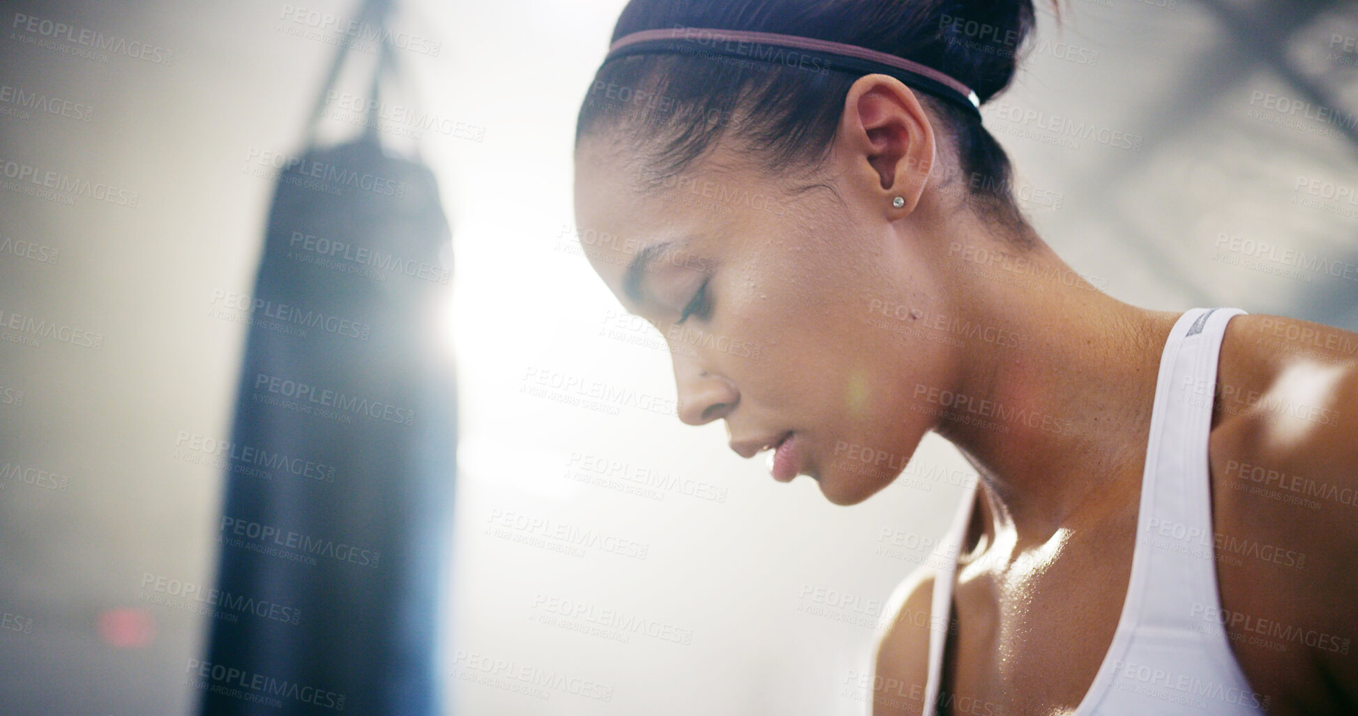 Buy stock photo Woman, boxer thinking and gym for fitness break, sports profile and athlete for contemplating fight. Female person, martial arts ideas and club for progress, training rest and ponder on performance