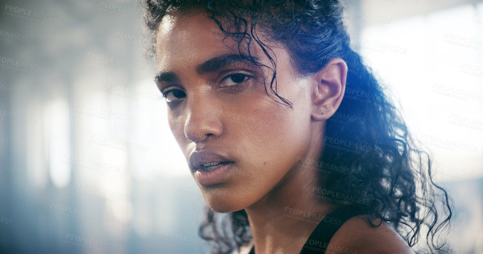 Buy stock photo Fitness, serious and portrait of woman in gym for exercise challenge, health and wellness. Face, determination and female person in sports club for workout, training and confident athlete in Colombia