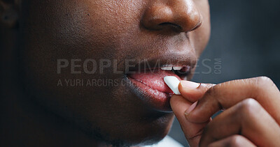 Buy stock photo Closeup, mouth and fresh breathe with gum for oral hygiene, dental health or peppermint on gray studio background. Mint candy or model with chewing tablet for orthodontics, clean teeth or bubblegum
