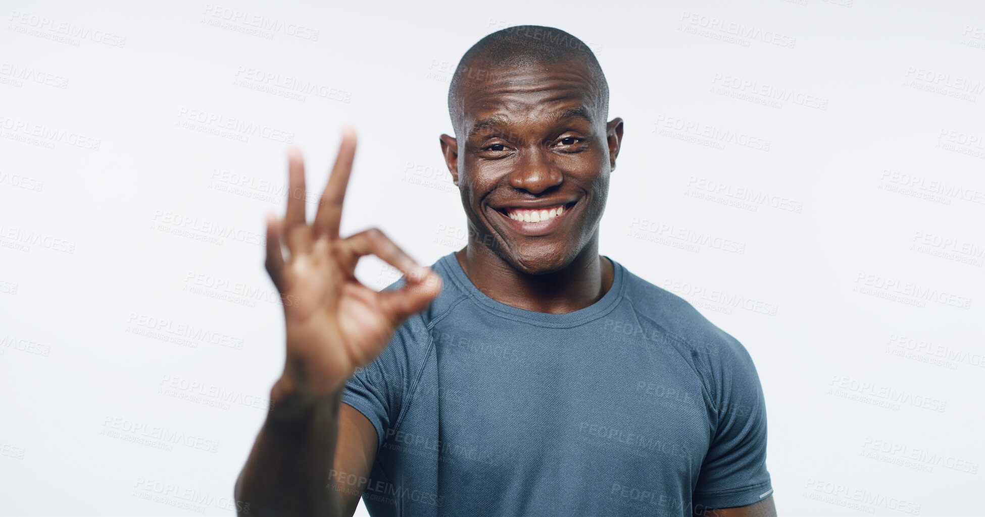 Buy stock photo Okay sign, fitness and portrait of black man in studio for workout, exercise and training on white background. Sports, happy and isolated person with emoji for agreement, thank you and approve