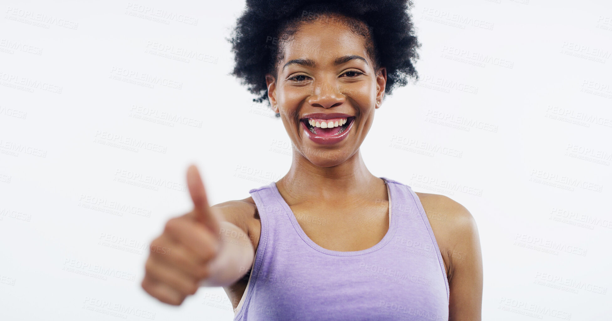 Buy stock photo Thumbs up, fitness and portrait of black woman in studio for workout, exercise and training on white background. Sports, happy and isolated person with emoji for agreement, thank you and approve