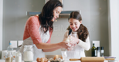 Buy stock photo Mama, girl and baking with home, kitchen and learning with ingredients for pastry or dessert or bread. Happy, woman and daughter help teaching for cooking pudding, cake or bakery recipe in house