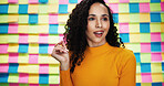 Woman, thinking and smile in office for creativity, small business and career development. Designer, ideas and agenda on sticky notes for project management, creative ambition and startup schedule