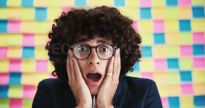 Buy stock photo Businessman, shock and notes with deadline in office with tasks, worry and wall at media company. Person, schedule and stress with overwhelmed, confused and portrait at creative agency in Colombia