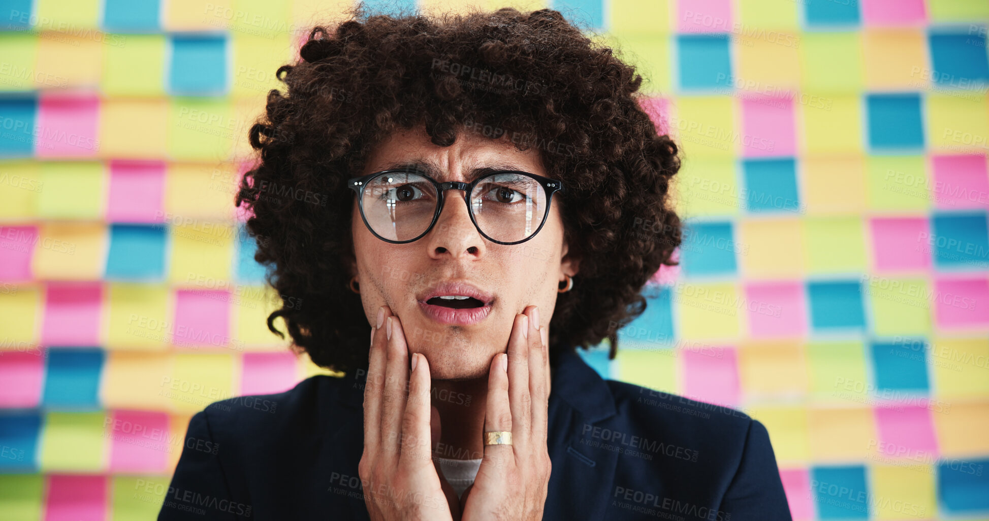 Buy stock photo Businessman, confused and notes on wall in office for news, info or crisis at media company. Person, writer and stress with shock, doubt and mistake in portrait at startup creative agency in Colombia