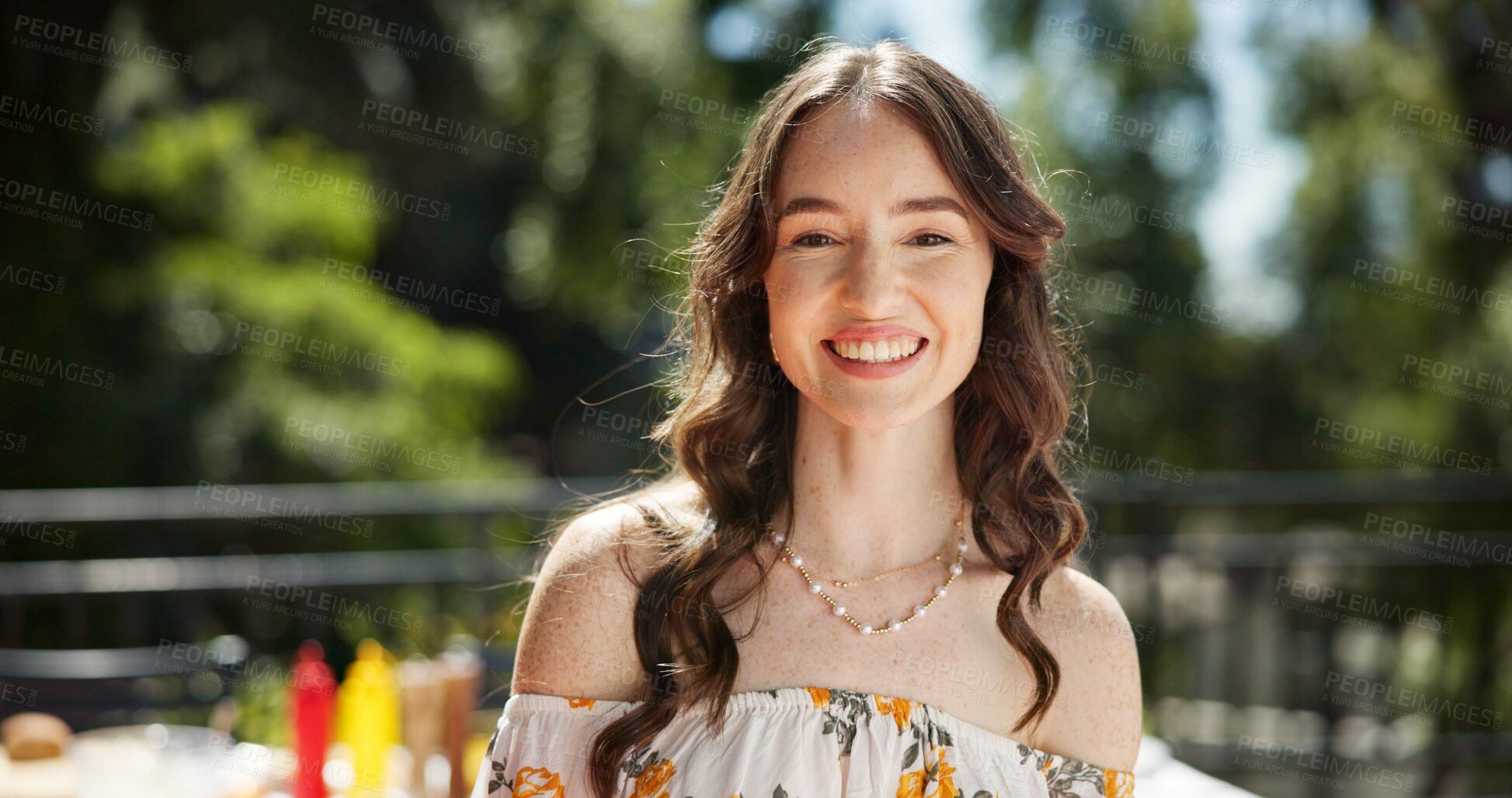 Buy stock photo Woman, portrait and happy outdoor at restaurant for summer holiday, relax and confidence. Person, girl and smile at cafe on vacation for fun break, enjoyment and wellness with pride and positivity