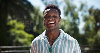 Buy stock photo Black man, student and outdoor in portrait with smile, study break and relax on vacation. Academic, happy and summer holiday in Nigeria for travel, pride and excited for scholarship opportunity
