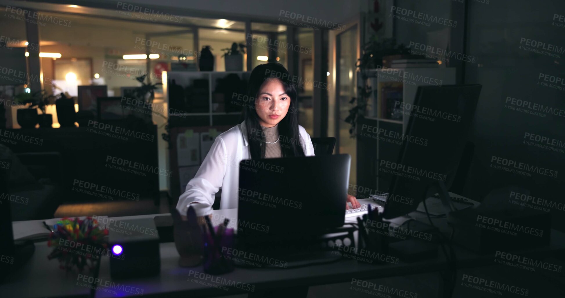 Buy stock photo Research, night and laptop with business asian woman in office for art director, media campaign and overtime. Client feedback, email and deadline with person in creative agency for design editor