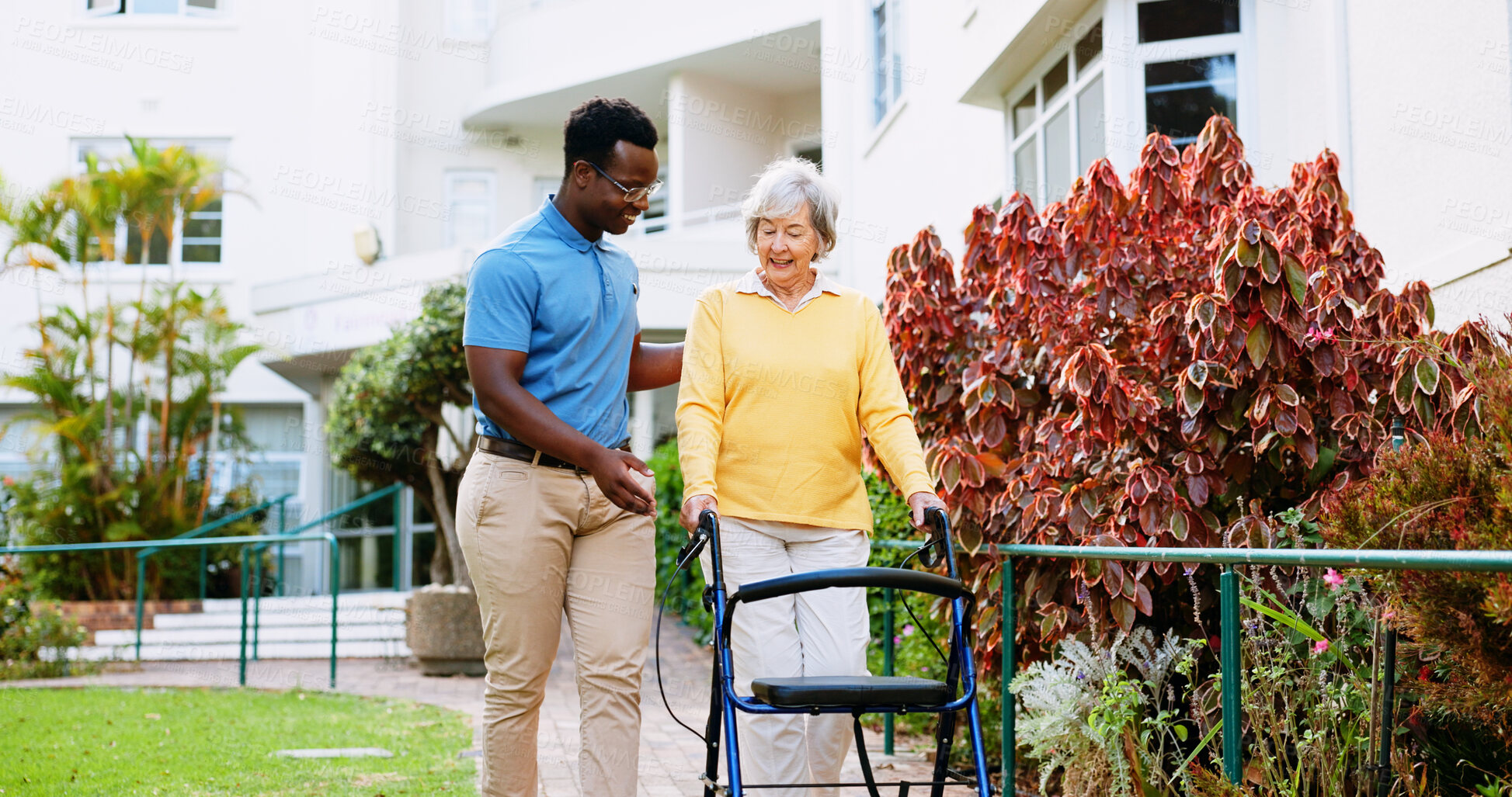 Buy stock photo Nurse, outdoor and support with old woman and walker for rehabilitation, healthcare or helping. Medical, advice and caregiver with person with a disability in nursing home for elderly care and trust