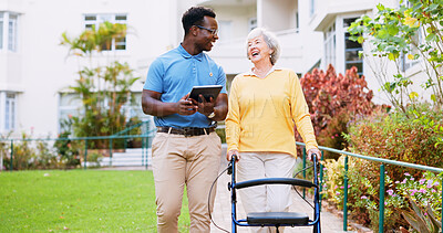 Buy stock photo Caregiver, happy and tablet with old woman and walker for rehabilitation, healthcare report or support plan. Medical, advice and nurse with person with a disability outdoors for elderly care