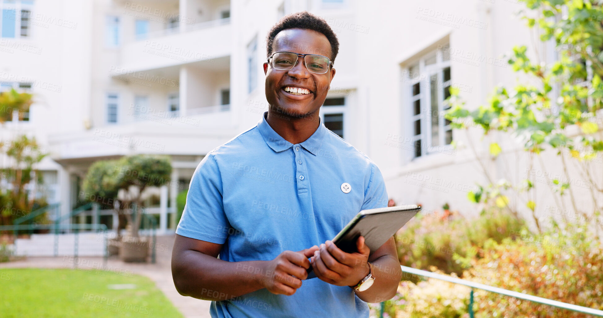 Buy stock photo Portrait, nurse and tablet with black man outdoor for healthcare report, patient files and Alzheimer schedule. Medical research and online with person at nursing home for caregiver, insurance or help