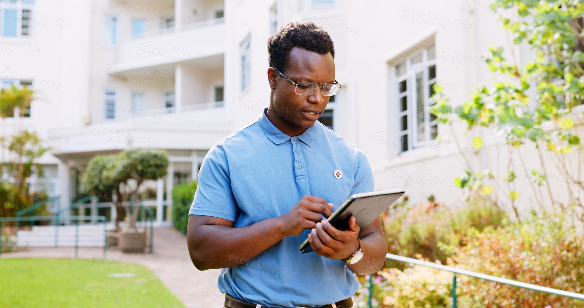 Buy stock photo Reading, nurse and tablet with black man outdoor for healthcare report, patient files and Alzheimer schedule. Medical research and online with person at nursing home for caregiver, insurance and help