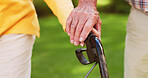Walker, hands and support with old couple outdoors for rehabilitation, healthcare and osteoarthritis. Medical, walking and retirement with closeup of senior people in nursing home for love and care
