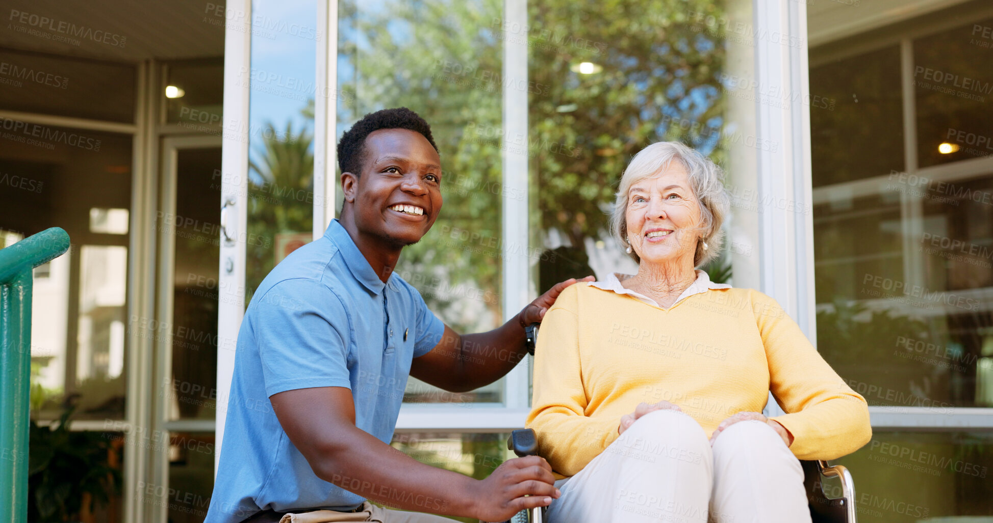 Buy stock photo Nurse, smile and healthcare with old woman in wheelchair for rehabilitation, osteoarthritis and physiotherapy. Medical, retirement and caregiver with person with a disability for elderly care