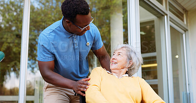 Buy stock photo Nurse, support and smile with old woman in wheelchair for rehabilitation, osteoarthritis and healthcare. Medical, retirement and caregiver with person with a disability for trust and elderly care