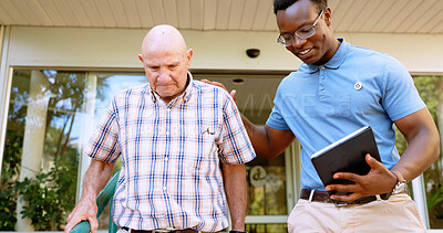 Buy stock photo Walker, nurse and healthcare with old man outdoors for rehabilitation, support and osteoarthritis. Medical, walking and retirement with senior person with a disability in nursing home with caregiver