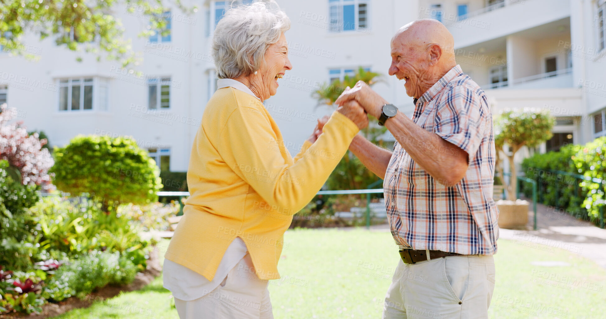Buy stock photo Happy, elderly couple and dancing with love in nature for fun retirement, pension or bonding together. Senior man, woman or lovers with smile in joy for old romance, date or energy at outdoor garden