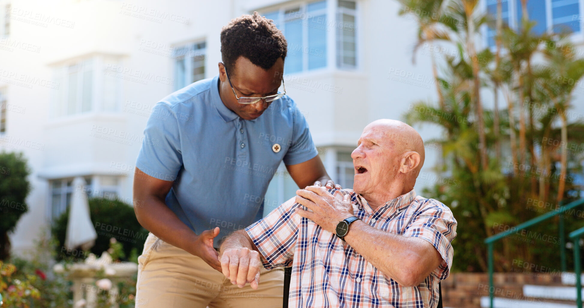 Buy stock photo Helping, nurse and shoulder pain with old man outdoors for rehabilitation, support and osteoarthritis. Medical, elderly care and retirement with senior person in nursing home with caregiver.