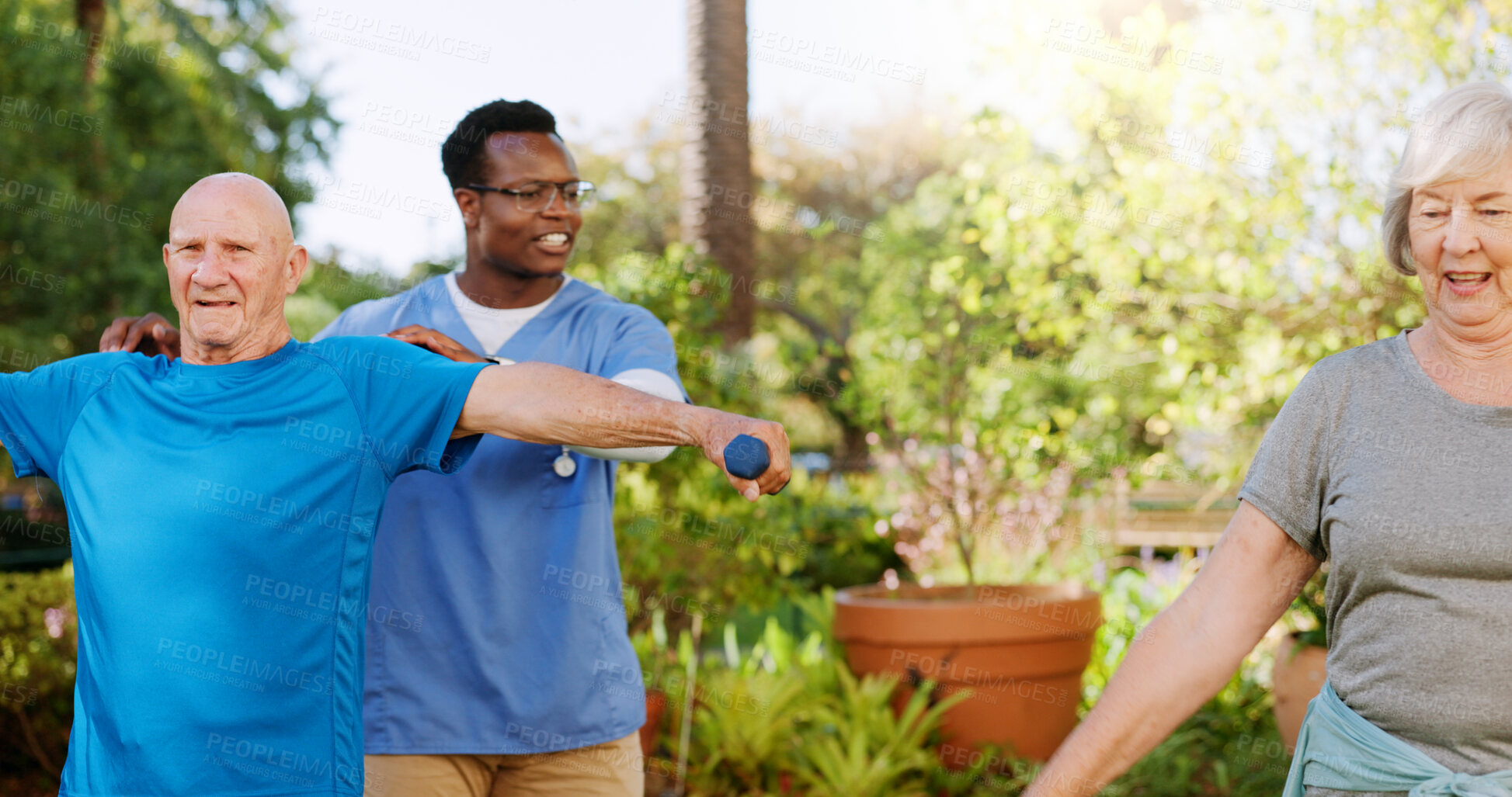 Buy stock photo Physiotherapy, class and help with old people and nurse outdoor for coach, stretching and support. Medical, rehabilitation and retirement with senior couple in nursing home with weights for fitness