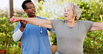 Stretching, class and coaching with old woman and nurse outdoor for help healthcare and support. Medical, rehabilitation and retirement with senior patient in nursing home with weights for fitness