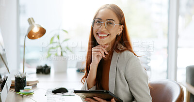 Buy stock photo Tablet, portrait and business woman in office for interior design portfolio, research and realtor agent. Renovation consultant, happy and creative agency with person entrepreneur and startup