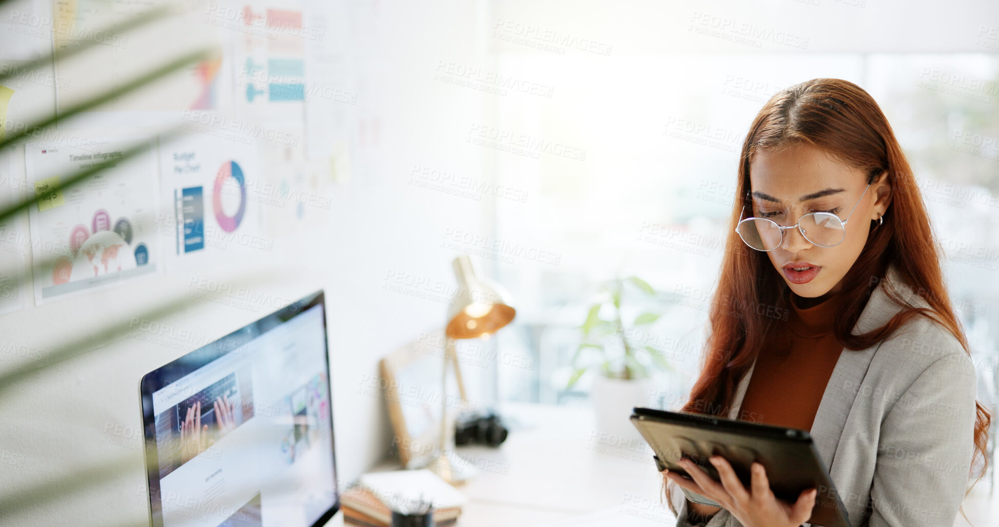 Buy stock photo Planning, reading and tablet with business woman in office for research, company shares and profit margin. Data report, finance growth and infographic with person in agency for statistics and chart