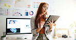 Planning, research and tablet with business woman in office for reading, company shares and profit margin. Data report, finance growth and infographic with person in agency for statistics and chart