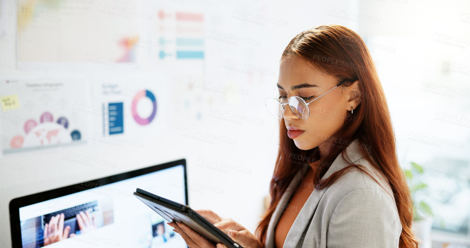 Buy stock photo Research, reading and tablet with business woman in office for planning, company shares and profit margin. Data report, finance growth and infographic with person in agency for statistics and chart