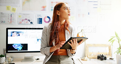Planning, thinking and tablet with business woman in office for reflection, company shares and profit margin. Future, finance growth and infographic with person in agency for statistics and vision