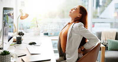 Buy stock photo Tired, back pain and stress with business woman in office for deadline, fashion design burnout and overtime. Fatigue, frustrated and bored with person in creative agency for muscle strain and crisis