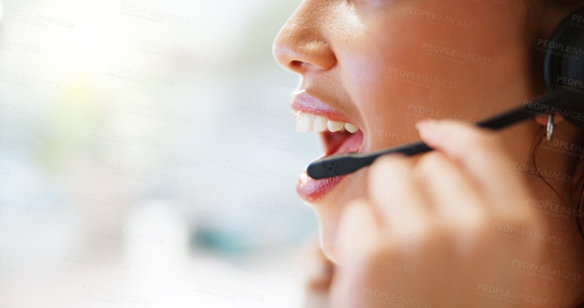Buy stock photo Woman, mouth and telemarketing employee in office, hotline operator and business service. Female person, call centre agent and helping with customer support, speaking and professional consultant
