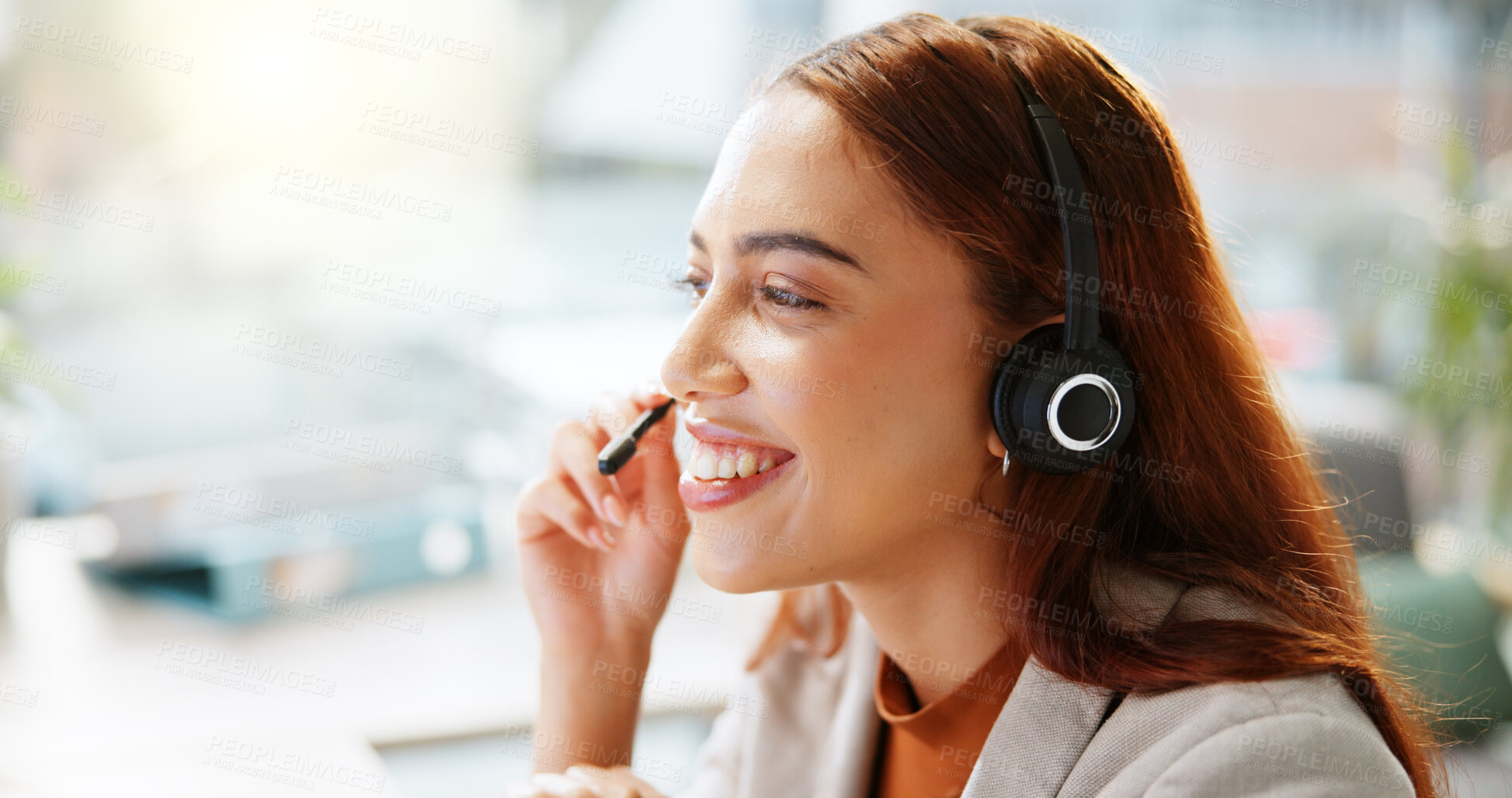 Buy stock photo Woman, talking and telemarketing worker in office, hotline operator and business service. Female person, call centre agent and helping with customer support, speaking and professional consultant