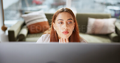 Buy stock photo Computer, reading and business woman in office for interior design portfolio, research and realtor agent. Renovation consultant, online and creative agency with person entrepreneur and startup