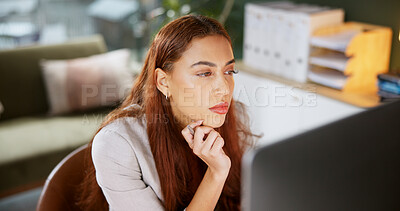 Buy stock photo Computer, research and business woman in office for interior design portfolio, reading and realtor agent. Renovation consultant, online and creative agency with person entrepreneur and startup