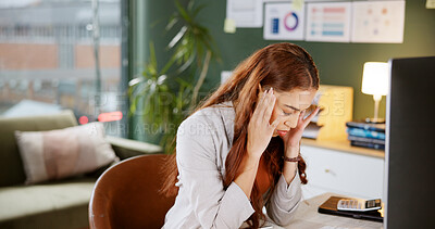 Buy stock photo Headache, computer and stress with business woman in office for deadline, fashion design burnout and overtime. Fatigue, frustrated and bored with person in creative agency for thinking and crisis