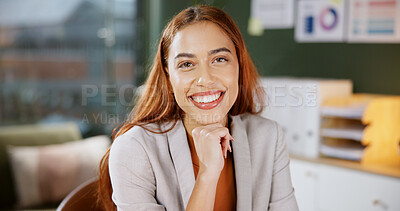 Buy stock photo Smile, portrait and creative with business woman in office for interior design portfolio, professional and pride. Renovation consultant, happy and agency with person for startup and confidence