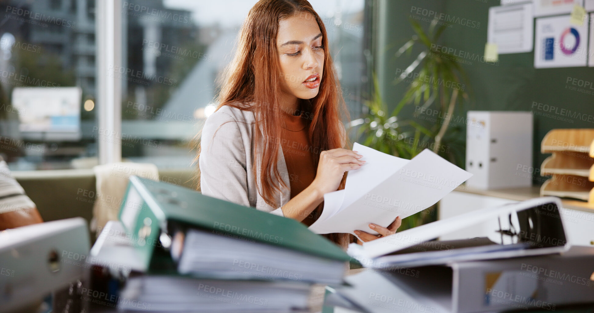 Buy stock photo Documents, overworked and planning with business woman in office for deadline, research and paperwork. Chaos, report and administration files with person in agency for folder, overwhelmed and check